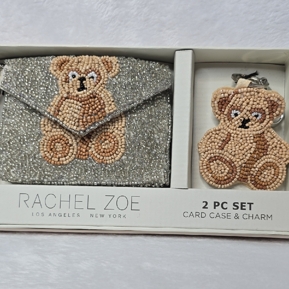 Rachel Zoe Glittering Silver Card Case with Tan Bear Charm